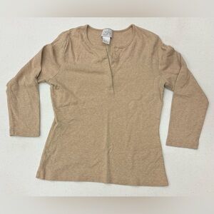 LOFT Beige Button-Front Henley Top - 3/4 length sleeve - Size S